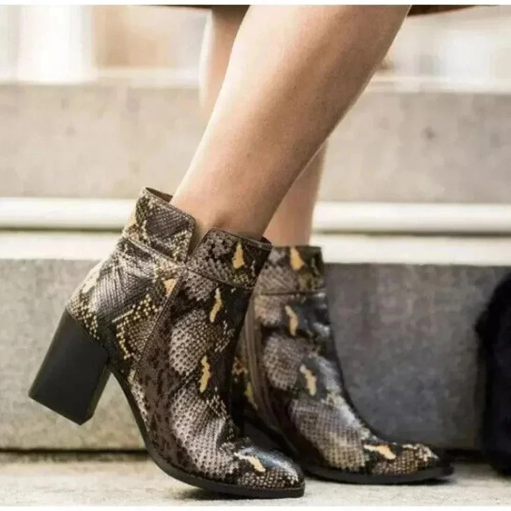 Franco Sarto Size 7M Generous Leather Snake Print Block women Heel Bootie